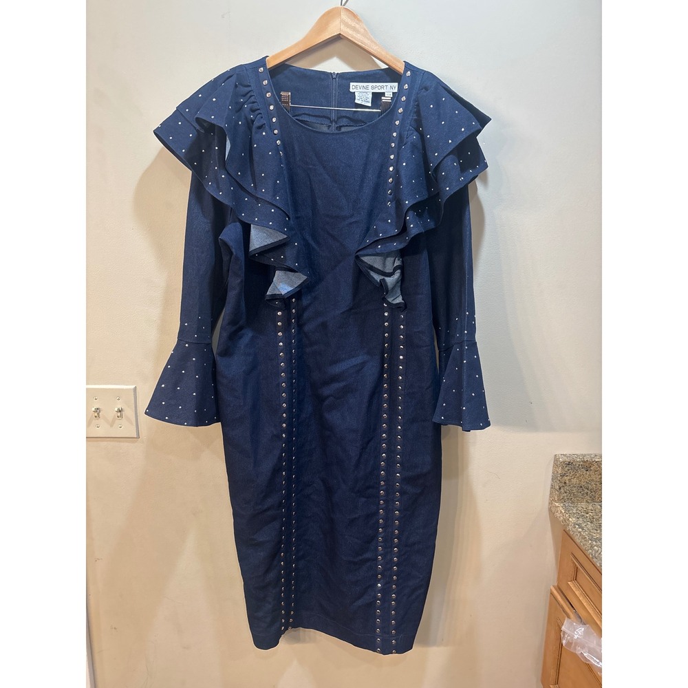 Devine Sport NY Denim Rhinestone Studded Ruffle Dress Blue 18W Bell Sleeve